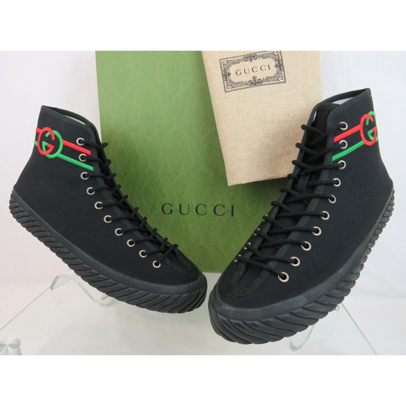 GUCCI 703033 BLACK CANVAS RED GREEN GG LOGO HIGH TOP SNEAKERS 9.5 / US 10.5 - Picture 1 of 15